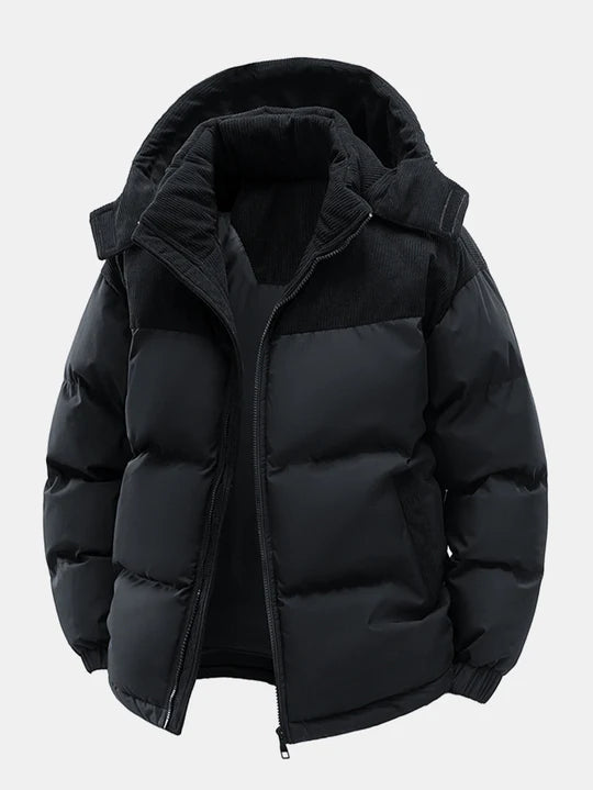 Corduroy Patchwork Hooded Puffer Jacket